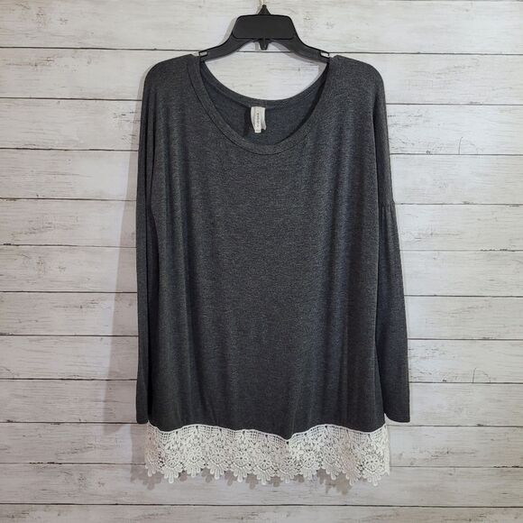 Boutique Brand Tops - Boutique Brand Brenda's Soft Heathered Dark Gray Tunic Top Lace Trim Size Medium